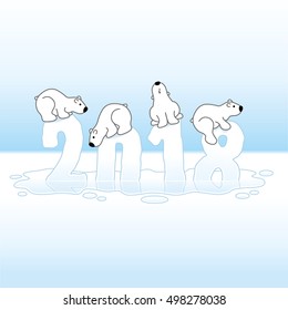 Four Cute Polar Bears Balancing on Melting New Year 2018 with Reflections in an Ice Cold Puddle