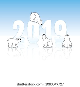 Four Cute Polar Bears and New Year 2019 with Reflections on an Ice Blue Cold Background