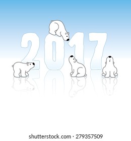 Four Cute Polar Bears and New Year 2017 with Reflections on an Ice Blue Cold Background