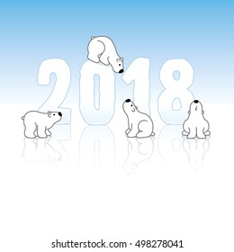 Four Cute Polar Bears and New Year 2018 with Reflections on an Ice Blue Cold Background