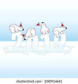 Four Cute Polar Bears wearing Santa Hats Balancing on Frozen Melting New Year 2019 with Reflections in an Ice Cold Puddle