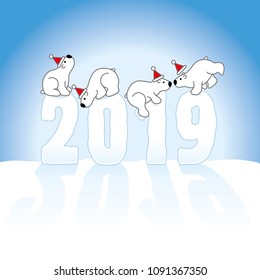 Four Cute Polar Bears wearing Santa Hars Balancing on Frozen New Year 2019 numbers on Snow with an Ice Blue Background