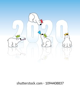Four Cute Polar Bears wearing Colorful Paper Hats around Frozen New Year 2020 on an Ice Blue Cold Background with Reflections