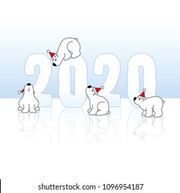 Four Cute Polar Bears wearing Santa Claus Hats around Frozen New Year 2020 with Reflections on an Ice Blue Cold Background
