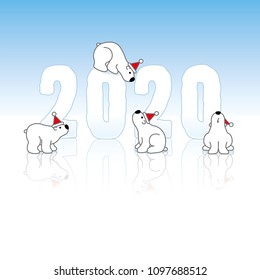 Four Cute Polar Bears wearing Santa Claus Hats around Frozen New Year 2020 with Reflections on an Ice Blue Cold Background