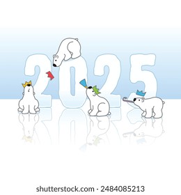 Four Cute Polar Bears wearing Hats Partying around Frozen New Year 2025 Sculpture with Reflections on an Ice Blue Cold Background
