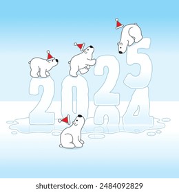 Four Cute Polar Bears wearing Santa Hats balancing on Changing New Year 2024-2025 Sculptures with Reflections Melting in an Ice Cold Puddle