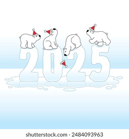 Four Cute Polar Bears wearing Santa Hats Balancing on Frozen New Year 2025 Sculpture with Reflections on Ice Cold Melting Puddle