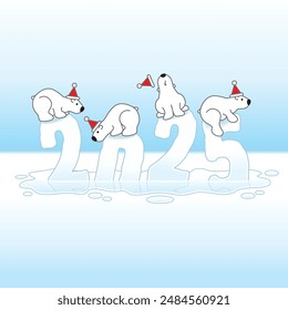 Four Cute Polar Bears wearing Santa Hats Balancing on Melting New Year 2025 Ice Sculptures with reflections in an Cold Puddle