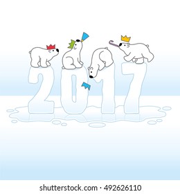 Four Cute Polar Bears wearing Paper Hats Balancing on Melting New Year 2017 with Reflections in an Ice Cold Puddle