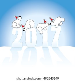 Four Cute Polar Bears wearing Santa Hats Balancing on New Year 2017 numbers on an Ice Blue Cold Background