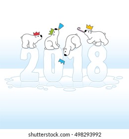 Four Cute Polar Bears wearing Paper Hats Balancing on Melting New Year 2018 with Reflections in Ice Cold Puddle