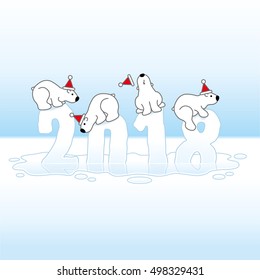 Four Cute Polar Bears wearing Santa Hats Balancing on Melting New Year 2018 with Reflections in an Ice Cold Puddle