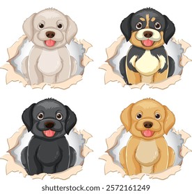 Four cute puppies peeking through torn paper