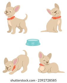 Four cute puppies in red collar and food bowl set. Hand drawn vector illustration. Suitable for website, stickers, gift cards.