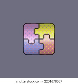 Four cute puzzles that combine into one element. Vector pixel illustration of puzzle. Children's educational toy in 8-bit pixel style. A game for the development of thinking, intellectual, mind.