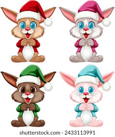 Four cute rabbits dressed in Christmas attire.