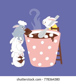 Four Cute Rabbits Make Hot Chocolate with Marshmallow. Vector Illustration.