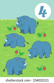 Four cute rhino: Easy Learn to count figures