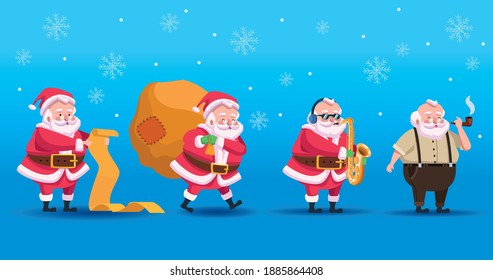 four cute santas group comic characters vector illustration design