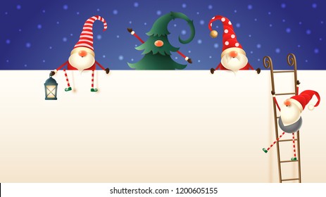 Four cute Scandinavian Christmas Gnomes climb up the billboard using ladders. One hidden in pine tree, one with lantern