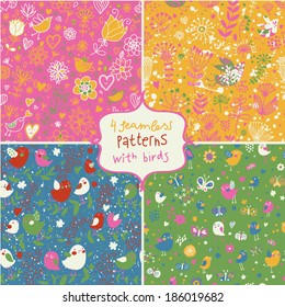 Cuatro bonitos patrones sin costura con pájaros floridos. Conjunto de vectores con texturas de resorte floral