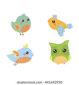 Four Cute Small Birds Collection Of Isolated Childish Style Simple Shape Design Vector Icons On White Background