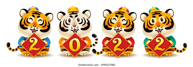 Four cute tigers with 2022 sign. Chinese New Year. Year of the tiger.