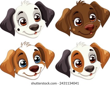 Four cute vector illustrated cartoon dog faces.
