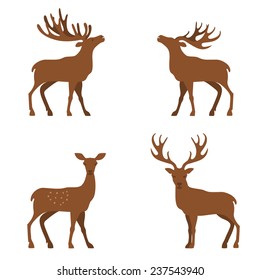 Four cute vector minimalistic deers in standing poses.