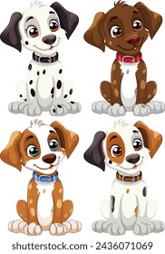 Four cute vector puppies with playful expressions.
