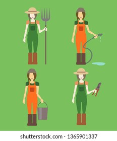 four cute vector village girls with garden tools in green and orange colors