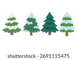 Four cute winter fir trees in soft flat style, snow covered branches, white background.