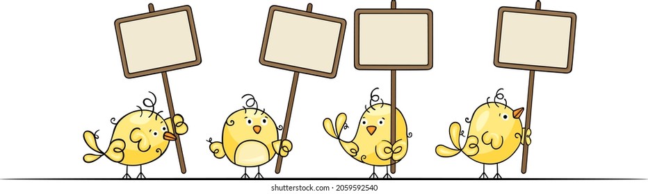 Four cute yellow birds with blank sign boards