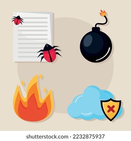 four cyber security set icons