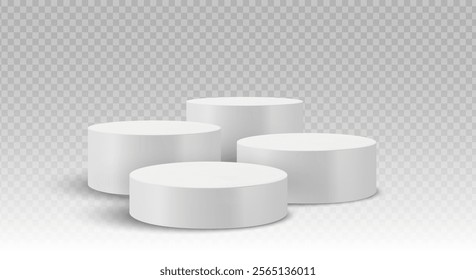 Four cylindrical podiums arranged in a staggered layout on a transparent background. Stage showcase platforms vector.