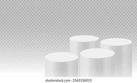 Four cylindrical podiums forming a cluster on a transparent background. Stage showcase platforms vector.