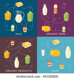 Four dairy banners with different milk products compositions isolated on color background, vector illustrations. I love milk concept. Nutritious and healthy products. Natural and healthy food.