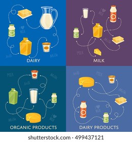 Four dairy banners with different milk products compositions isolated on color background, vector illustrations. I love milk concept. Nutritious and healthy products. Organic farmers food.