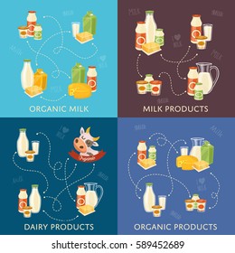 Four dairy banners with different milk products compositions isolated on color background, vector illustrations. I love milk concept. Natural and healthy food. Nutritious and healthy products.
