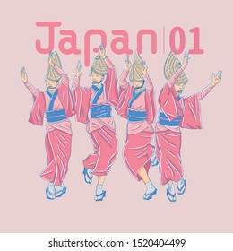 Four dancers dancing Japanese traditional dance, vector illustration