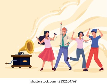 four dancers with gramophone characters