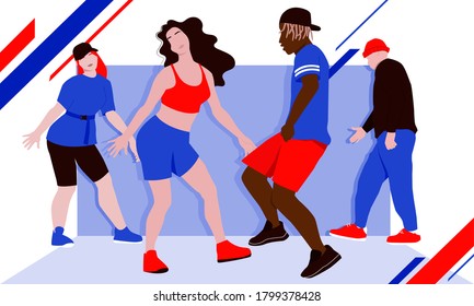 Four dancers rehearsing hip-hop dance or street dance style turfing, krump, jazz-funk choreography in dance class. Bright print-ready vector illustration. Hobby and leisure. 