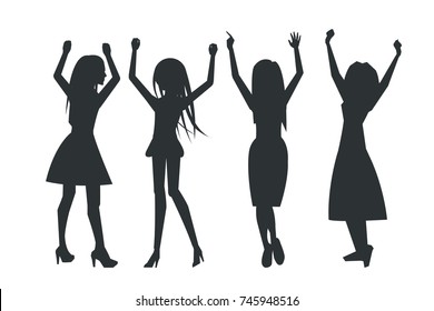 Four dancing casually dressed girls back silhouettes. Vector illustration with women on party isolated on white background in flat style