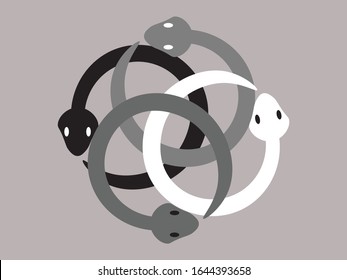 Four dangerous snakes on a gray background, a stylish sticker, a warning about danger.