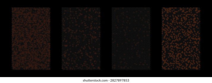 Four dark abstract backgrounds with a subtle hexagonal pattern and reddish-brown speckles, creating a textured, digital aesthetic.