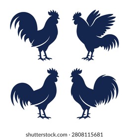 Four dark blue rooster silhouettes on white background, various poses