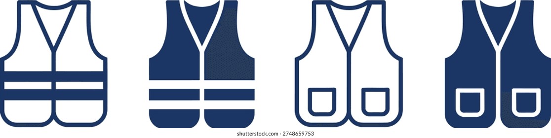 Four dark blue safety vests on white background clothing