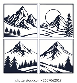 Conjunto de cuatro Ilustraciones de montaña estilizadas azul oscuro