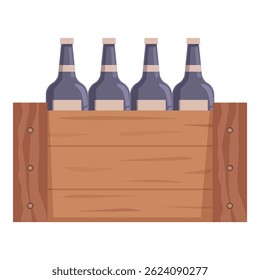 Four dark glass bottles with blank labels are standing inside a wooden crate